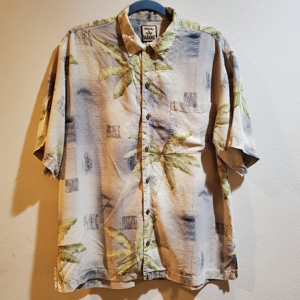 Tommy Bahama Beige and Green Palm Design Tropical Silk Shirt